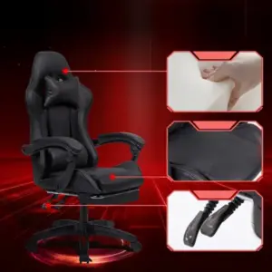 Fekete gamer forgószék kihúzható lábtartóval, 150 kg teherbírás