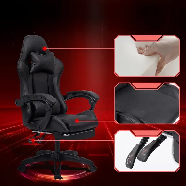 Fekete gamer forgószék kihúzható lábtartóval, 150 kg teherbírás