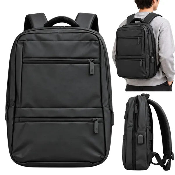 Fekete laptop hátizsák USB-porttal, 2 főrekesszel, 42 × 30 × 15 cm