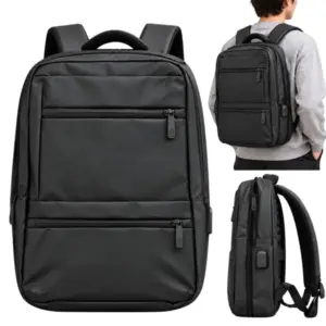 Fekete laptop hátizsák USB-porttal, 2 főrekesszel, 42 × 30 × 15 cm