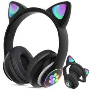 Fekete macskafüles Bluetooth 5.0 fejhallgató LED-fénnyel, FM-rádióval