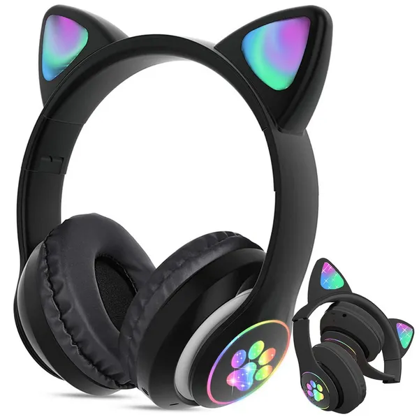 Fekete macskafüles Bluetooth 5.0 fejhallgató LED-fénnyel, FM-rádióval