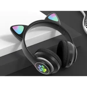 Fekete macskafüles Bluetooth 5.0 fejhallgató LED-fénnyel, FM-rádióval