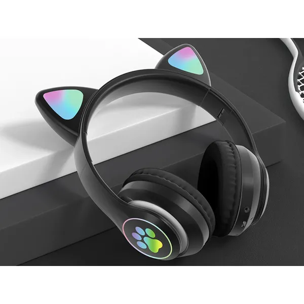 Fekete macskafüles Bluetooth 5.0 fejhallgató LED-fénnyel, FM-rádióval