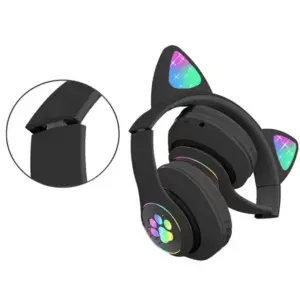 Fekete macskafüles Bluetooth 5.0 fejhallgató LED-fénnyel, FM-rádióval