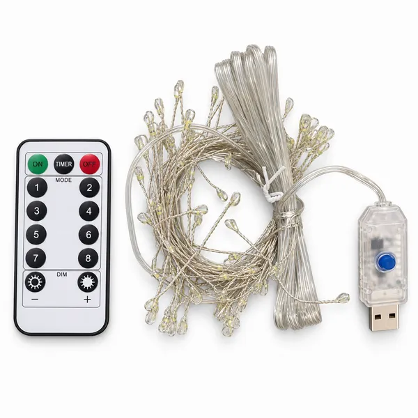 Hidegfehér USB-s fényfüzér, 300 LED, 9 m, 8 mód, távirányítóval