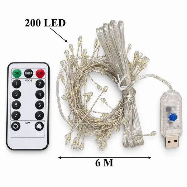 Hidegfehér USB-s fényfüzér, 300 LED, 9 m, 8 mód, távirányítóval
