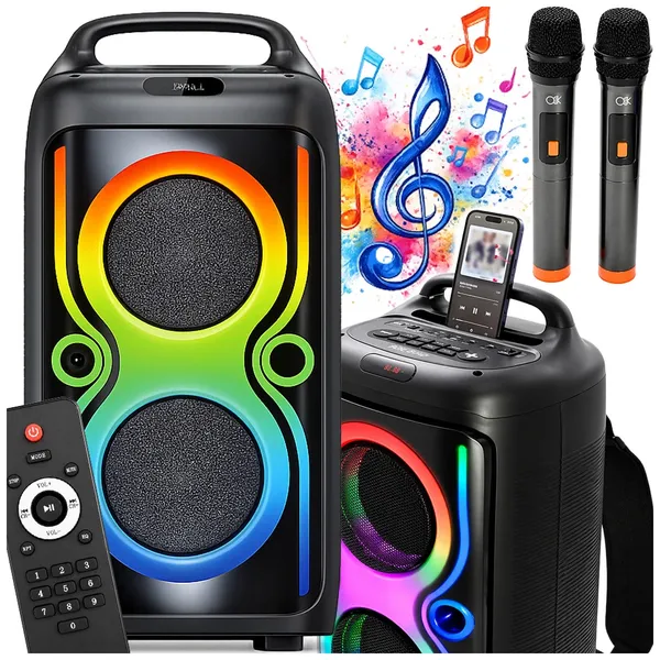 Hordozható Bluetooth karaoke hangszóró, 2 mikrofonnal, LED-fénnyel