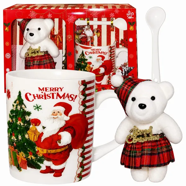 Karácsonyi bögreszett kanállal és plüssmackóval, 200 ml, díszdobozban