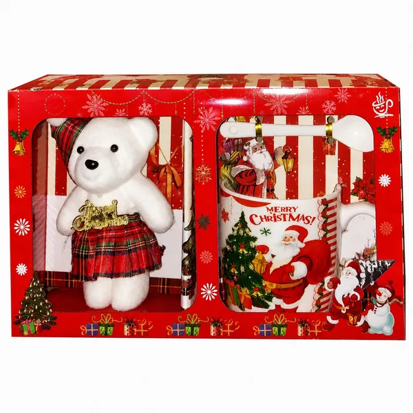 Karácsonyi bögreszett kanállal és plüssmackóval, 200 ml, díszdobozban