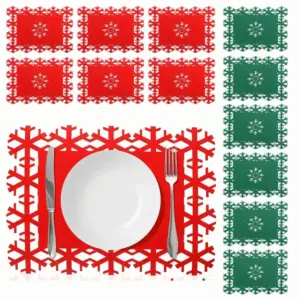 Karácsonyi hópelyhes filc tányéralátét, 12 db, 35 × 25 cm, piros-zöld