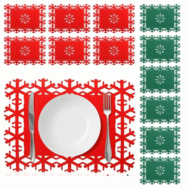 Karácsonyi hópelyhes filc tányéralátét, 12 db, 35 × 25 cm, piros-zöld