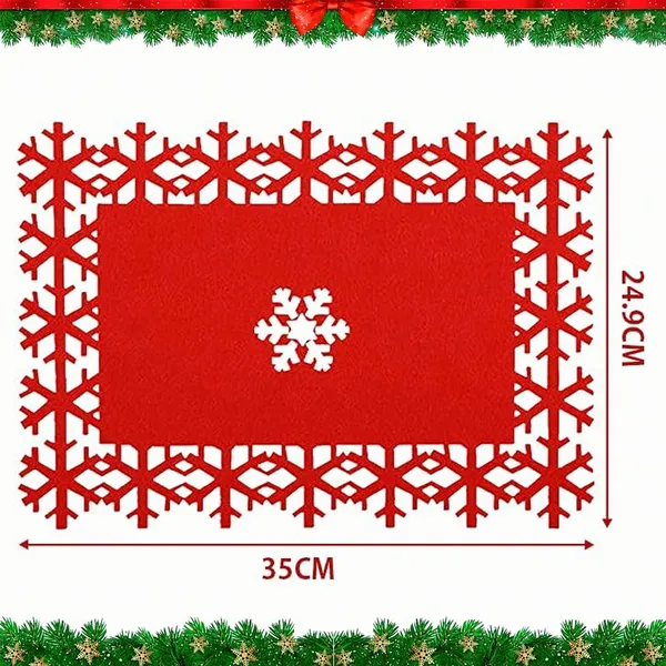 Karácsonyi hópelyhes filc tányéralátét, 12 db, 35 × 25 cm, piros-zöld