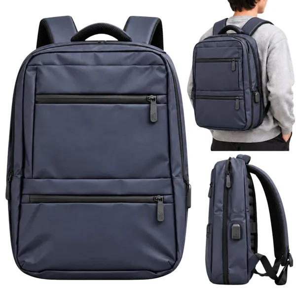 Kék laptop hátizsák USB-porttal, 42 × 30 × 15 cm, munkához és utazáshoz