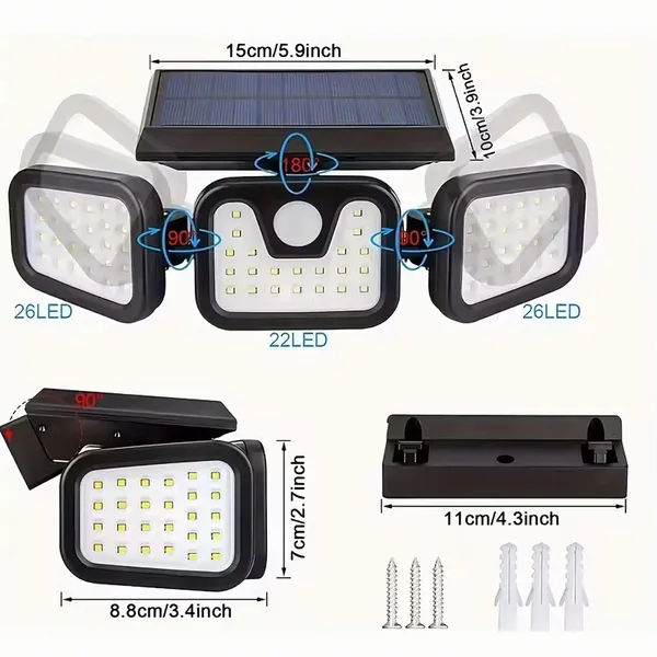 Kültéri napelemes lámpa 74 LED-del, mozgás- és alkonyérzékelővel, 800 lm
