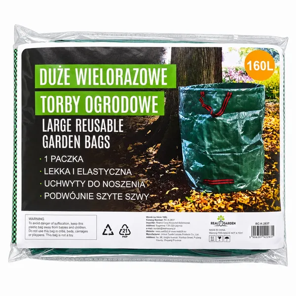 Összehajtható kerti hulladékgyűjtő zsák, 160 liter, megerősített fülekkel