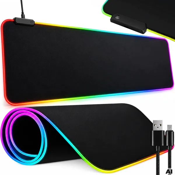 RGB világítású XXL egérpad játékhoz, 90 × 40 cm, USB, fekete