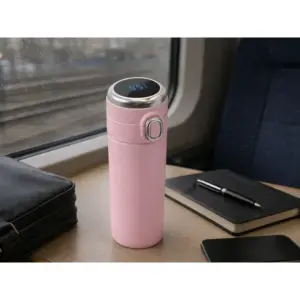 Rózsaszín termoszbögre, 400 ml, ivócsőrrel és hőmérséklet-kijelzővel