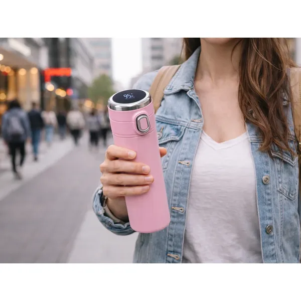 Rózsaszín termoszbögre, 400 ml, ivócsőrrel és hőmérséklet-kijelzővel