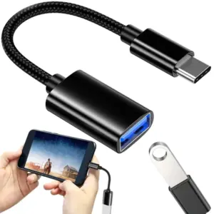 USB-C–USB-A 3.0 OTG adapter, 11 cm-es fonott kábel, fekete