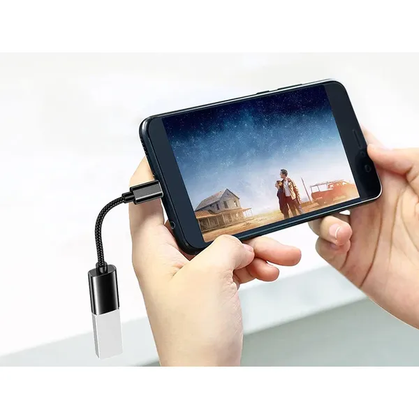 USB-C–USB-A 3.0 OTG adapter, 11 cm-es fonott kábel, fekete